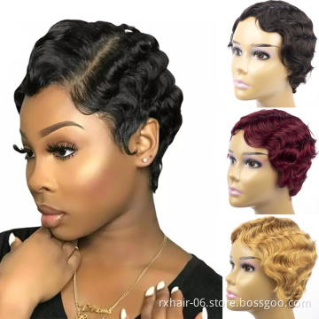 Wholesale Drop Shipping Cheap Short Finger Wave Wig Brown Blonde Pixie Cut Ocean Wave Human Hair Wigs For Black Women